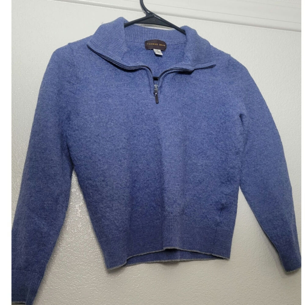 Thomas Dean Youth M Blue Wool Blend Quarter Zip Mock Neck Sweater Pullover
